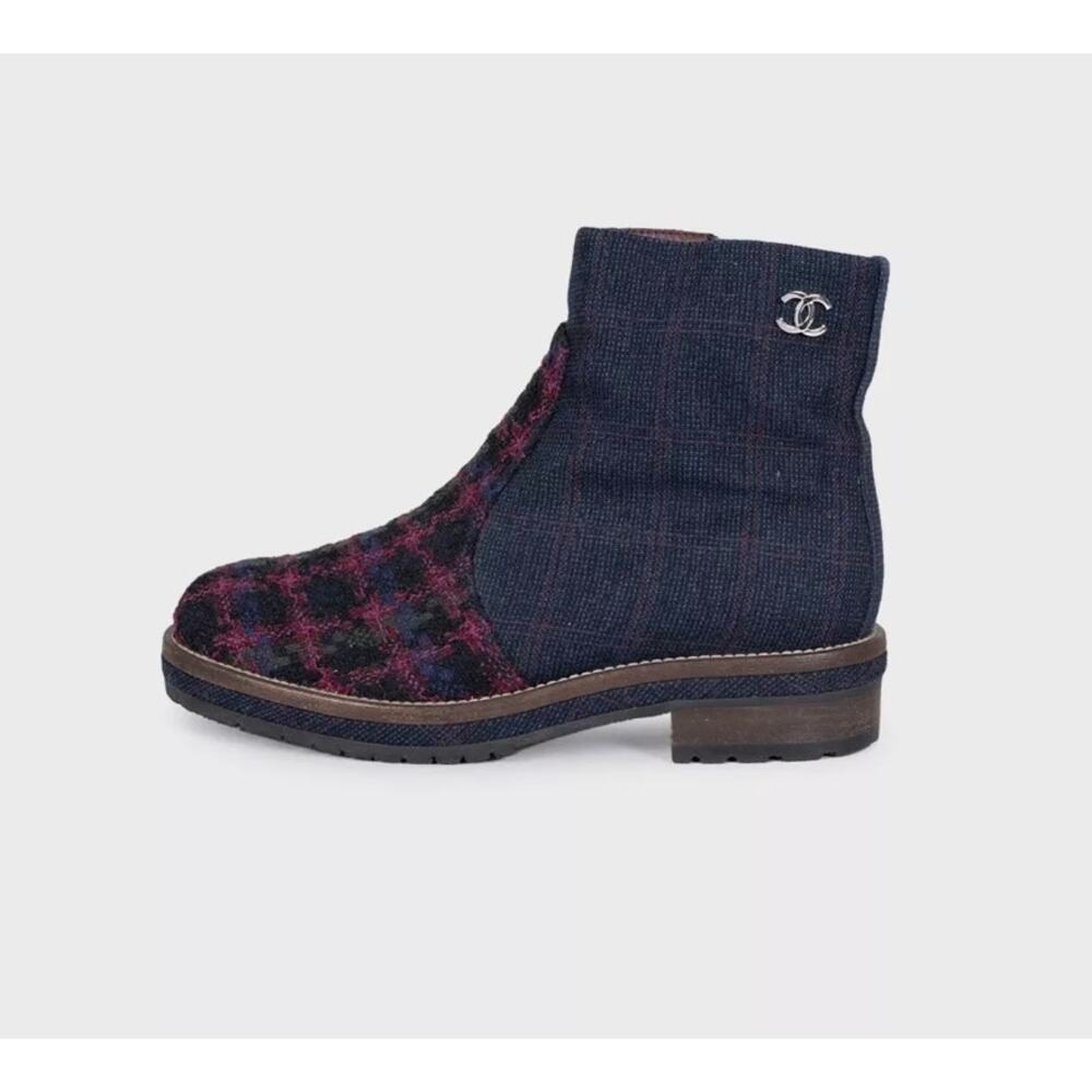 Chanel Blue Textile Logo Zip Ankle Boots Size 38.5